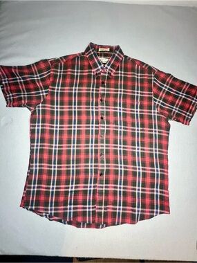 Vintage Main Stream Men's Short Sleeve Plaid Button-Down Shirt Red Black Blue XL